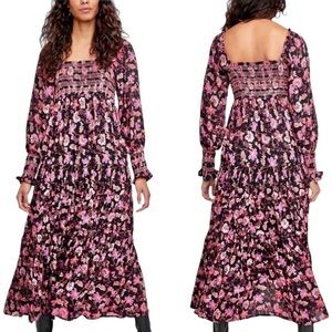 Free People Sweet Escape Floral Long Sleeve Boho Smocked Bodice Maxi Dre…